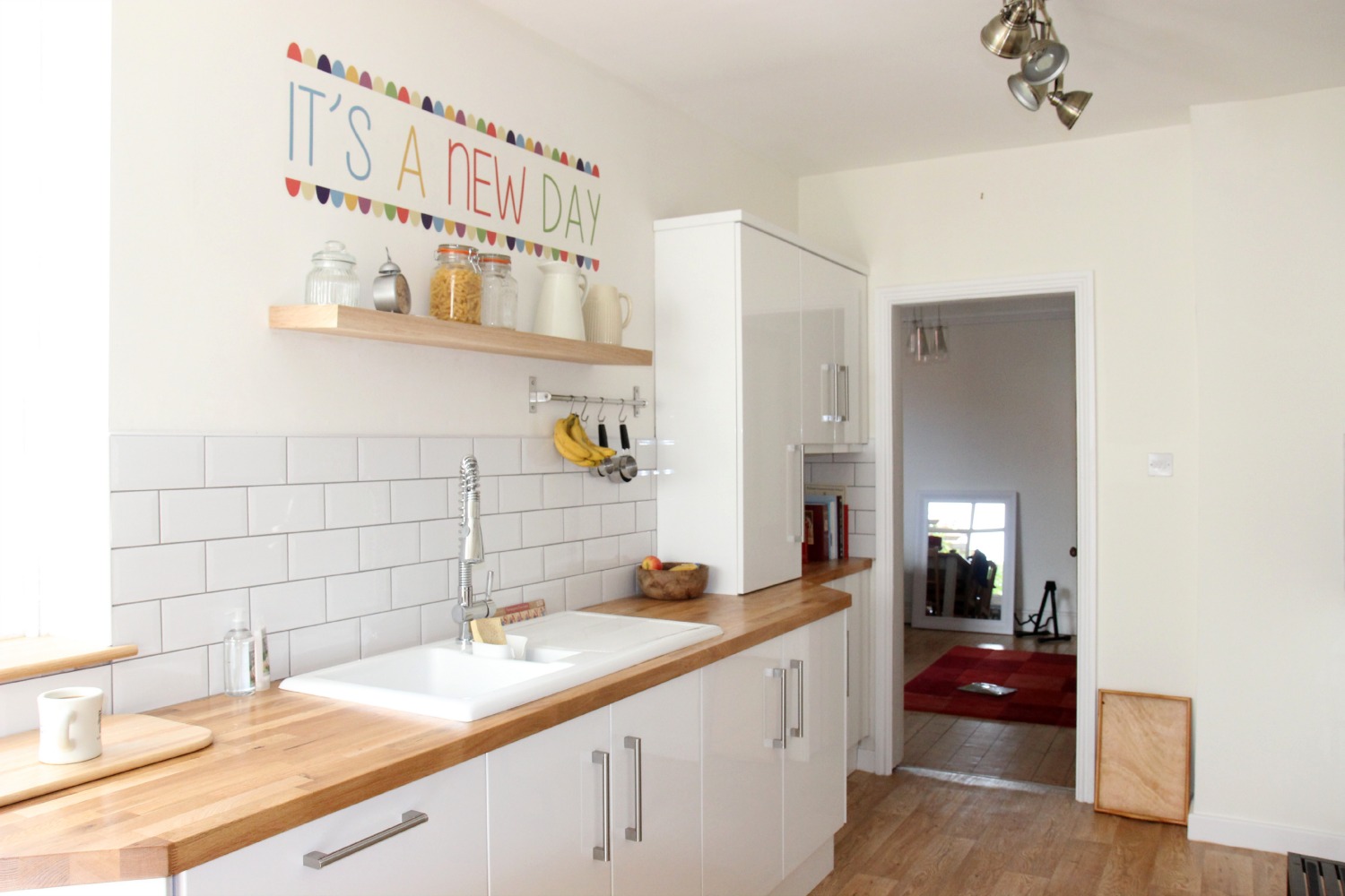 victorian kitchen white gloss cabinets wood counter